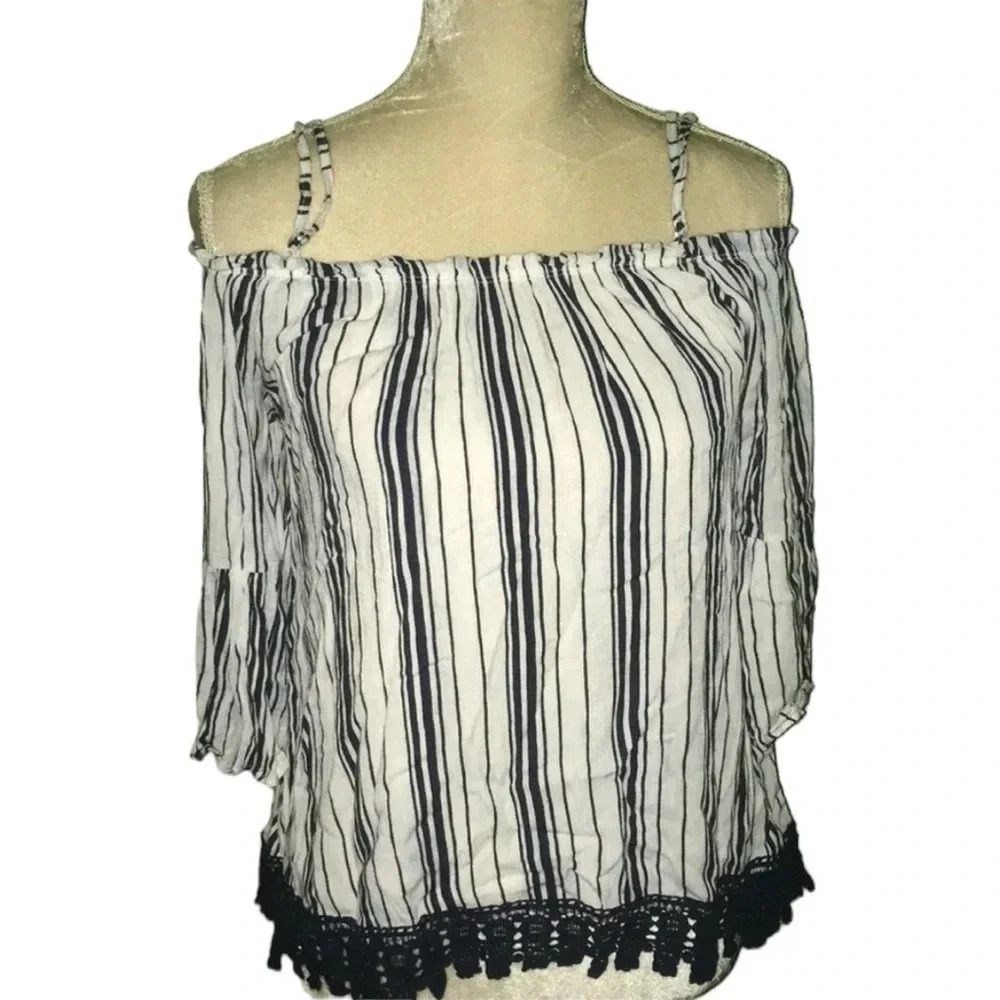 Almost Famous Cold Shoulder Crocheted Pom Pom Bottom Striped Top Blouse Shirt M